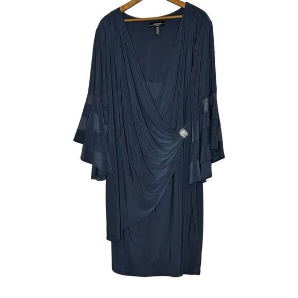 R&M Richards Slate Grayish Blue Embellished Faux Wrap Evening Dress Size 18W - Picture 1 of 8